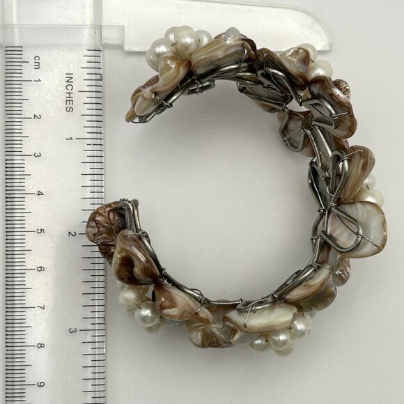 Statement Floral Cuff Bracelet Mother of Pearl Shell Pearl Bead Wire Wrap Boho - Picture 4 of 12